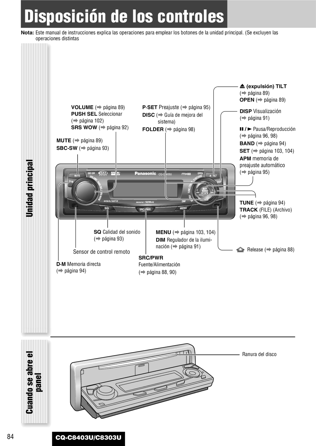 Panasonic CQ-C8403U warranty Disposición de los controles, Unidad principal Cuando se abre el, Panel, Nota, Expulsión Tilt 