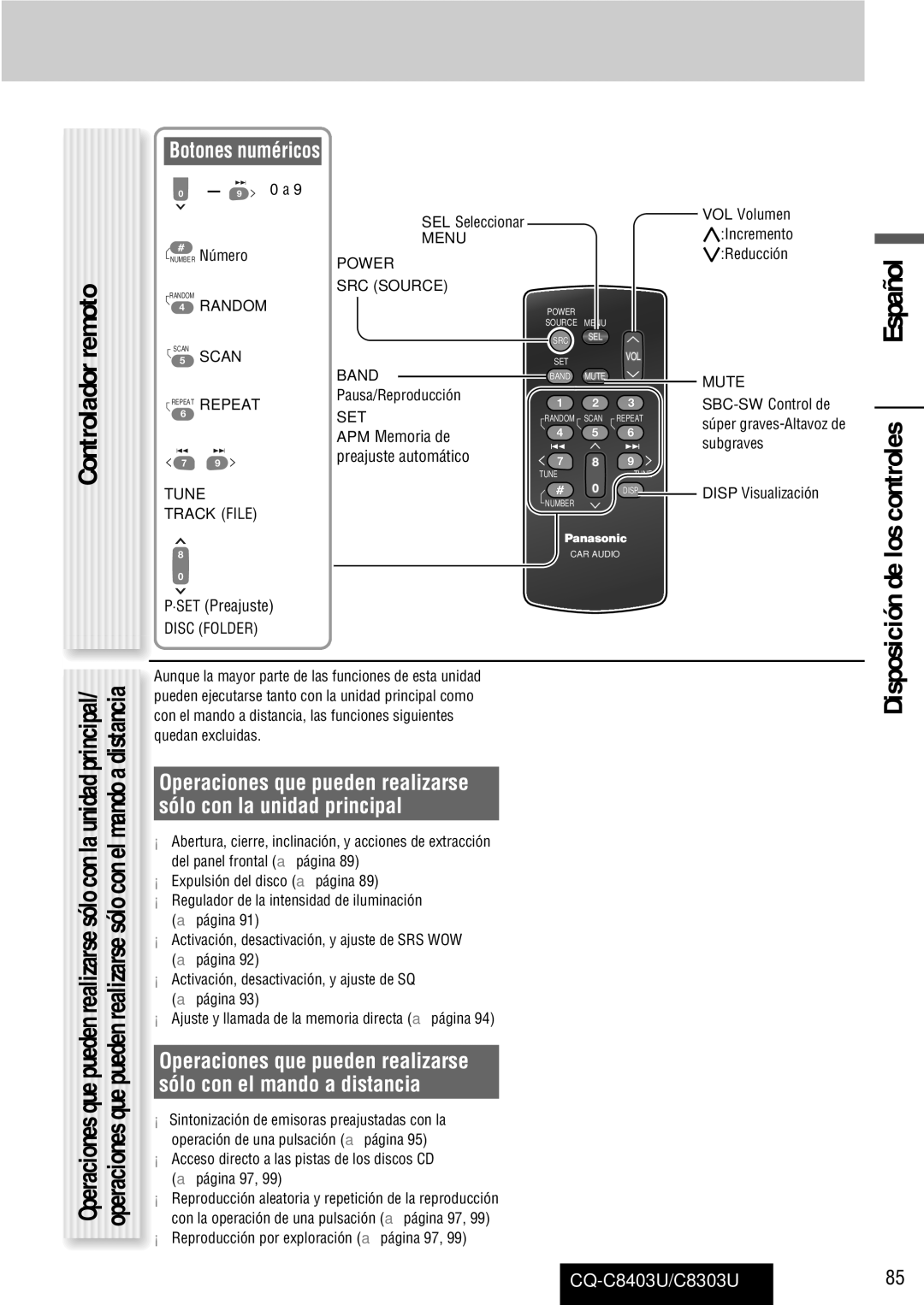 Panasonic CQ-C8303U, CQ-C8403U warranty Controlador remoto, Disposición de los controles, Botones numéricos, APM Memoria de 