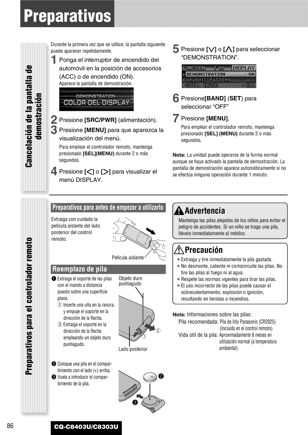 Panasonic CQ-C8403U warranty Preparativos, Remoto, Reemplazo de pila, PresioneBAND SET para seleccionar OFF Presione Menu 