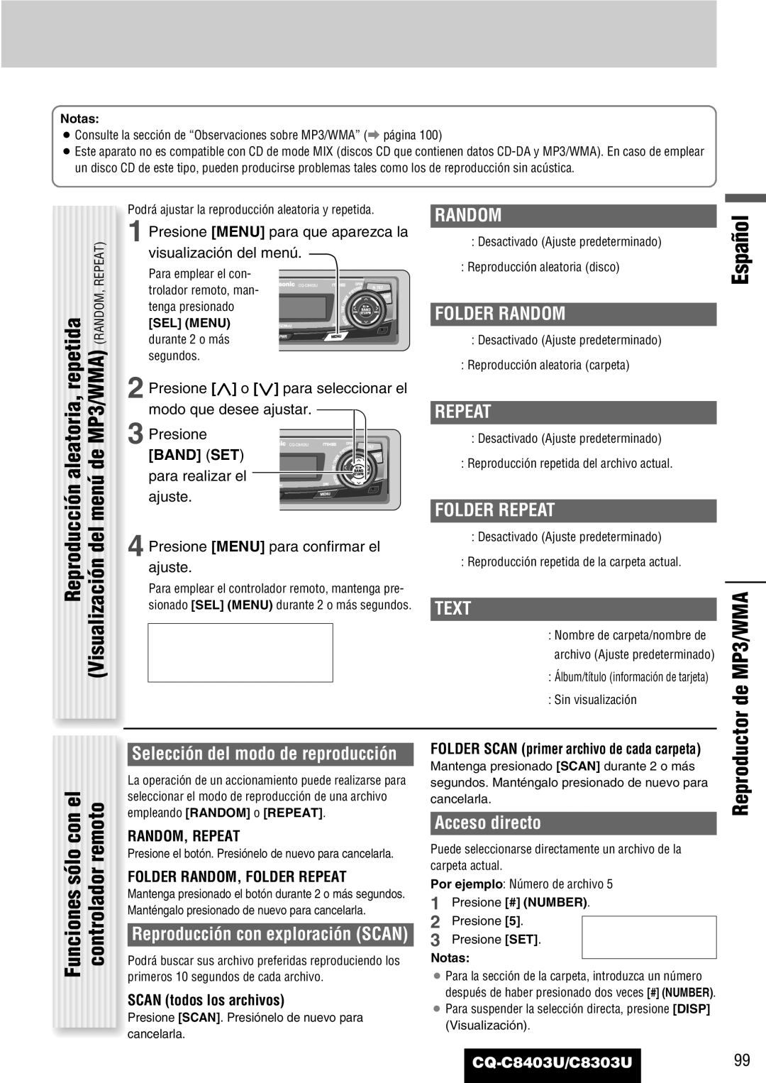 Panasonic CQ-C8303U, CQ-C8403U warranty Funciones sólo con el controlador remoto, Scan todos los archivos 