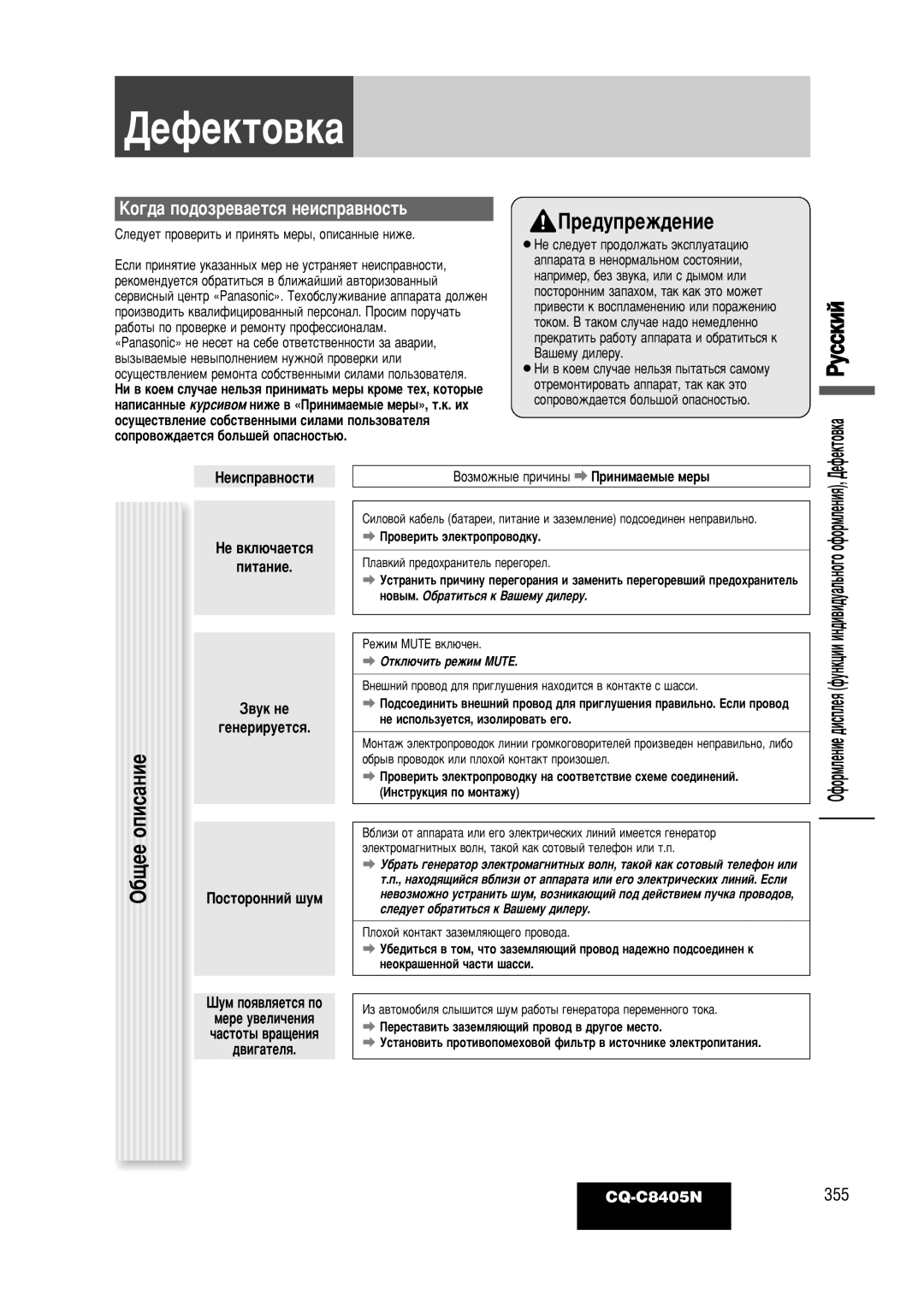 Panasonic CQ-C8405N operating instructions ·˘Ââ Óôëò‡Ìëâ, ÄÓ„‰‡ ÔÓ‰ÓÁÂ‚‡ÂÚÒﬂ ÌÂËÒÔ‡‚ÌÓÒÚ¸, Hâëòô‡‚Ìóòúë, Ôëú‡Ìëâ 