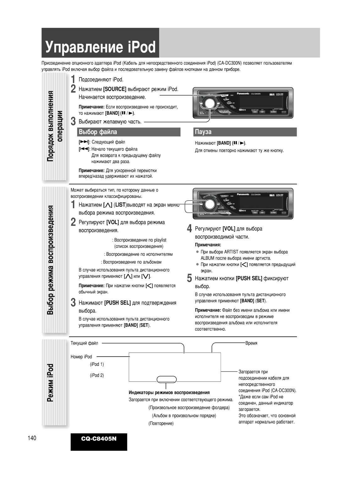 Panasonic CQ-C8405N operating instructions ÌÔ‡‚ÎÂÌËÂ iPod, Êâêëï, ˚·Ó Ù‡Èî‡ ‡Ûá‡, ‚Óòôóëá‚Ó‰Ëïóè ˜‡Òúë 