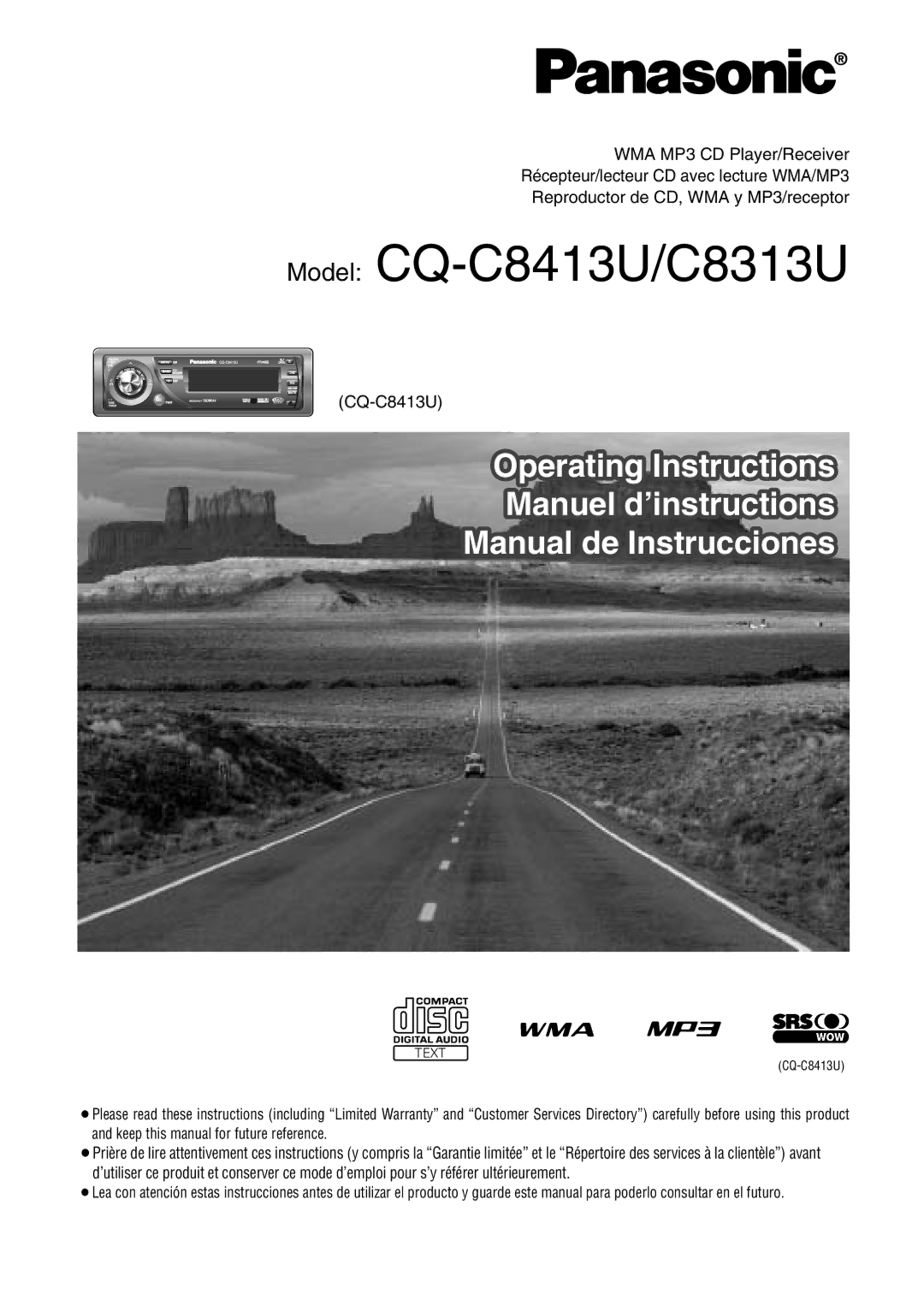 Panasonic CQ-C8313U operating instructions Model CQ-C8413U/C8313U 