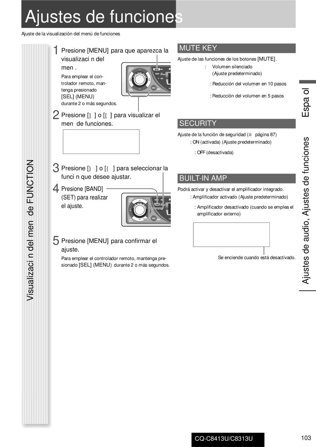 Panasonic CQ-C8313U, CQ-C8413U operating instructions Menú de, Del, Ajustes de audio, Ajustes de funciones 