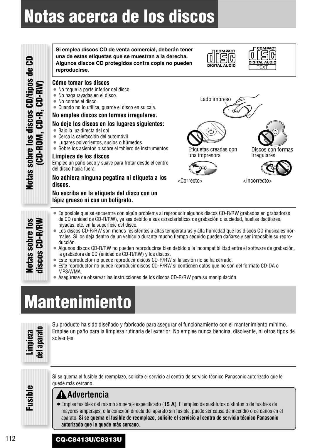 Panasonic CQ-C8413U, CQ-C8313U operating instructions Notas acerca de los discos, Mantenimiento, CD/tipos de CD, Sobre los 