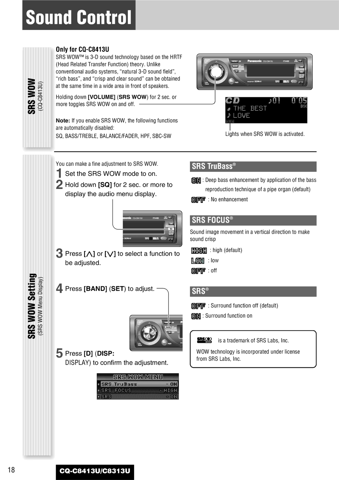 Panasonic CQ-C8413U, CQ-C8313U operating instructions Sound Control, SRS TruBass, SRS Focus, Srs 