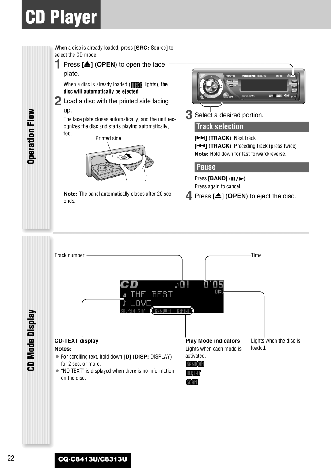 Panasonic CQ-C8413U, CQ-C8313U operating instructions CD Player, Operation Flow, CD Mode Display, Track selection, Pause 