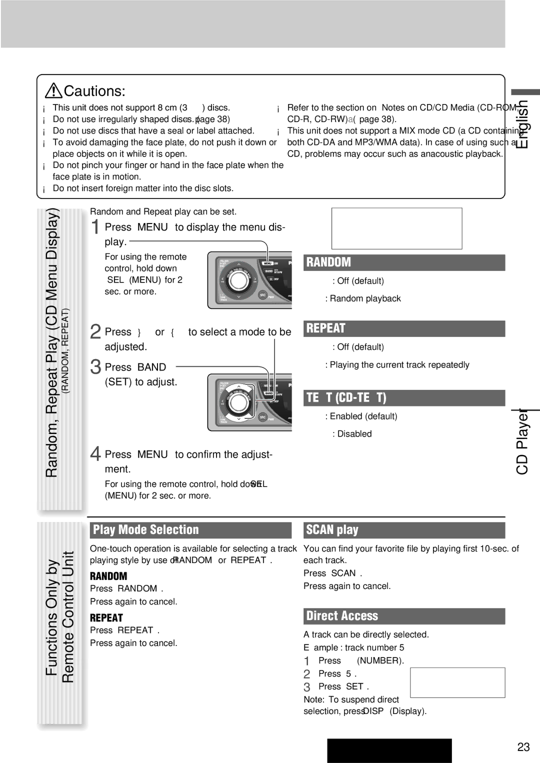 Panasonic CQ-C8313U, CQ-C8413U operating instructions CD Player, Random, Repeat, Text CD-TEXT 