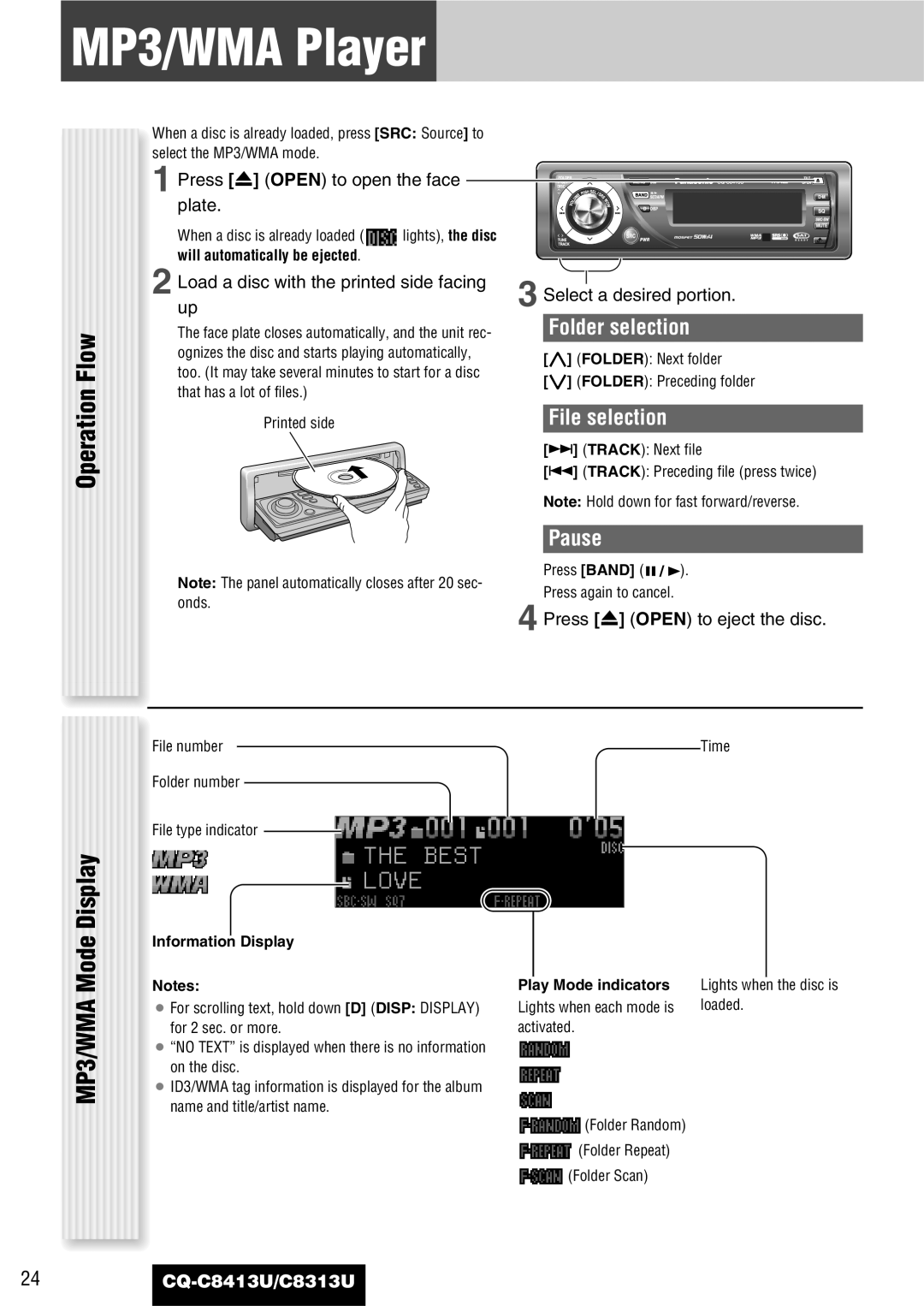 Panasonic CQ-C8413U MP3/WMA Player, MP3/WMA Mode Display, Load a disc with the printed side facing, Information Display 