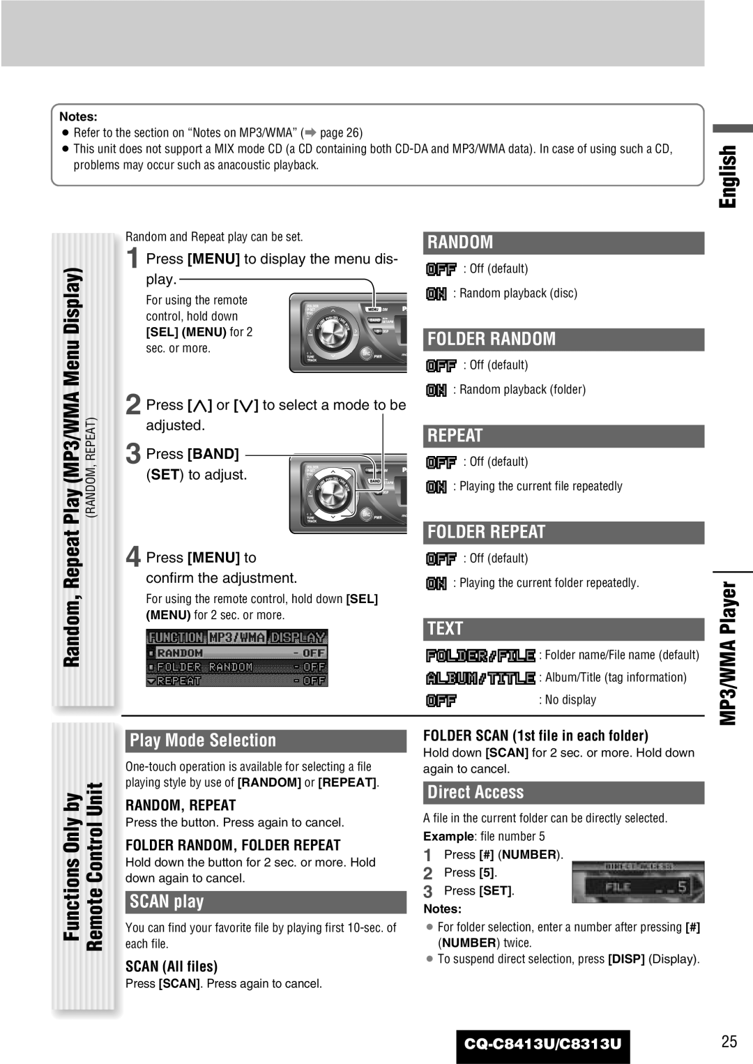 Panasonic CQ-C8313U, CQ-C8413U operating instructions MP3/WMA Player, Folder Random, Folder Repeat, Text 