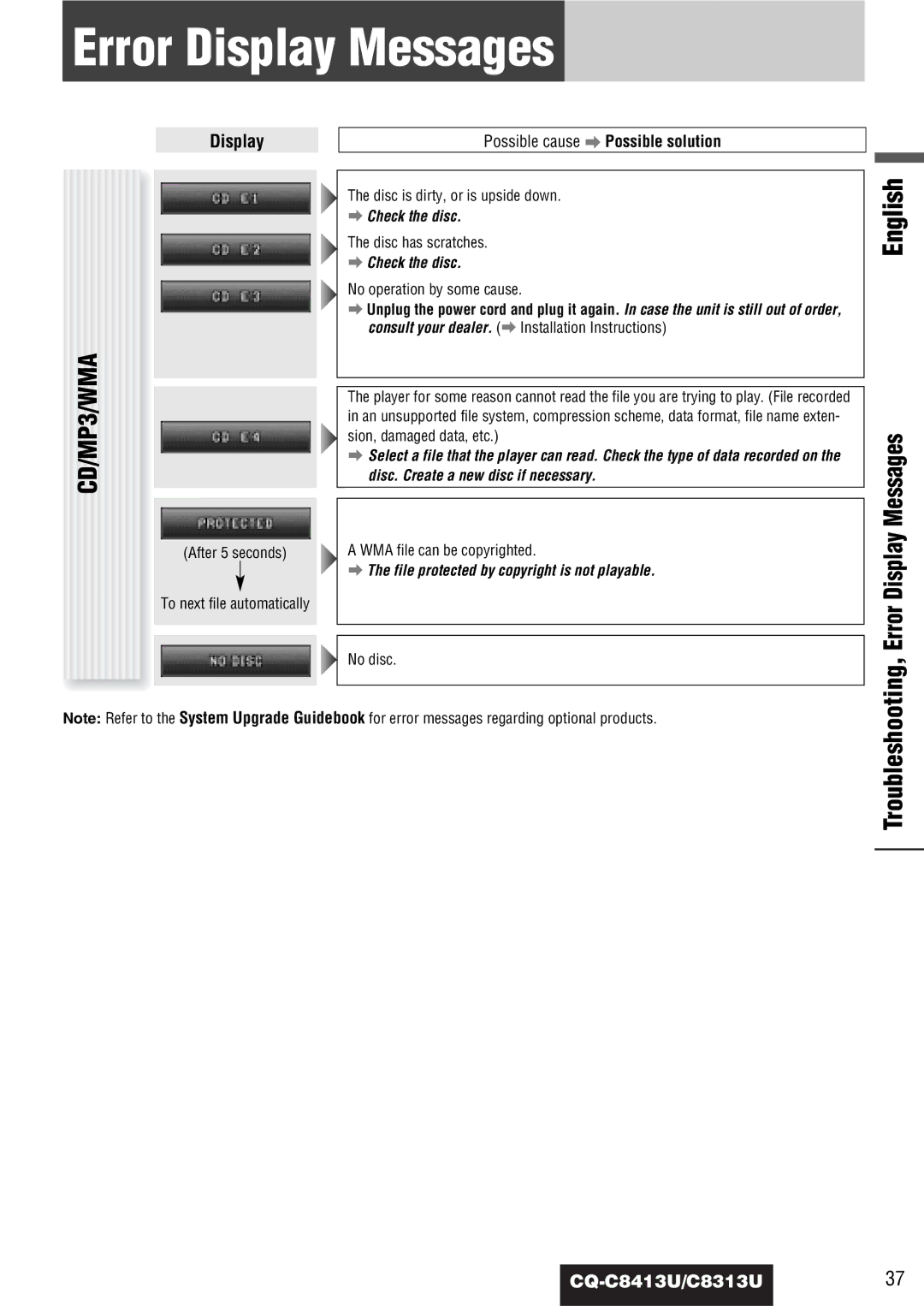 Panasonic CQ-C8313U, CQ-C8413U operating instructions Error Display Messages 