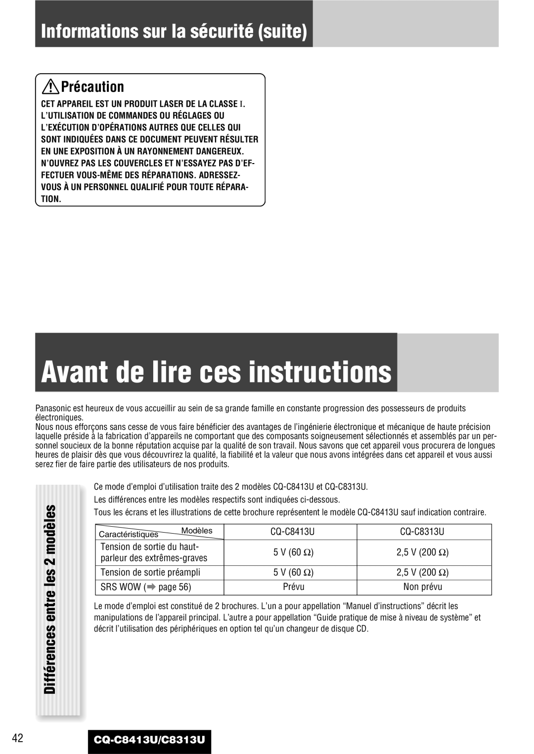 Panasonic CQ-C8413U, CQ-C8313U operating instructions Avant de lire ces instructions, Informations sur la sécurité suite 