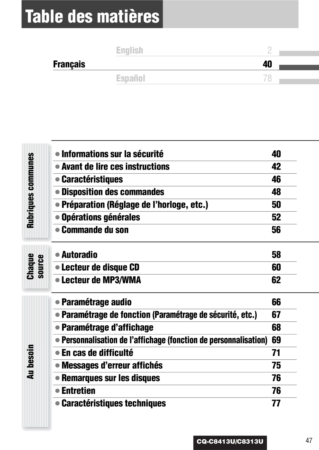 Panasonic CQ-C8313U, CQ-C8413U operating instructions Table des matières, Rubriques communes Chaque Source Au besoin 