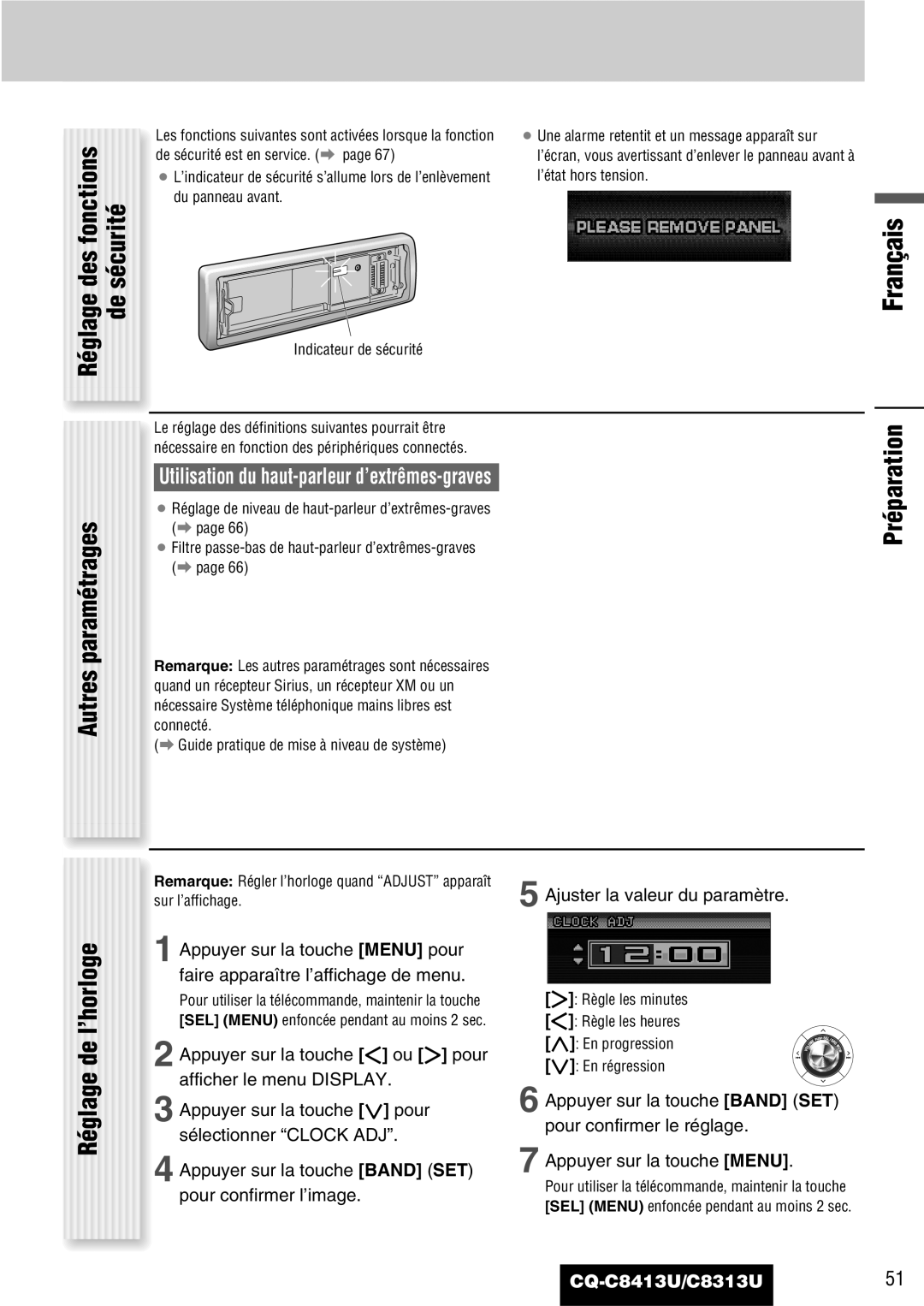 Panasonic CQ-C8313U Des fonctions Sécurité, Autres paramétrages, Préparation, Réglage, Ajuster la valeur du paramètre 