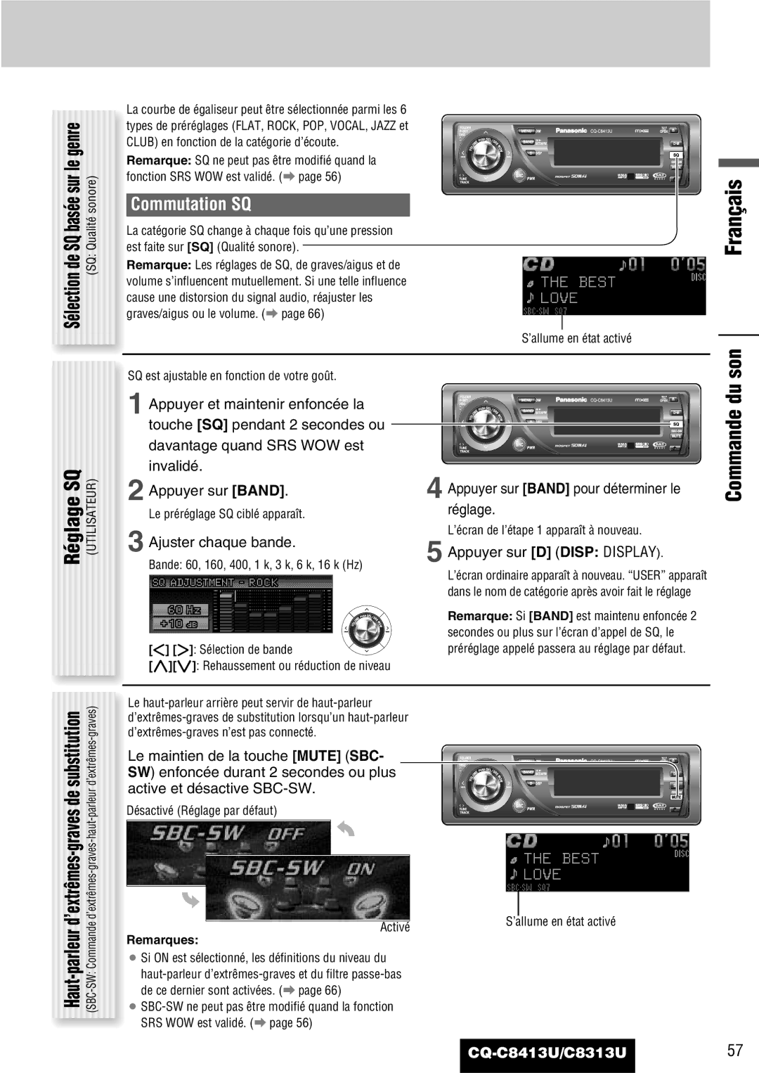 Panasonic CQ-C8313U, CQ-C8413U operating instructions Son Réglage SQ, Commutation SQ, SQ basée sur le genre 