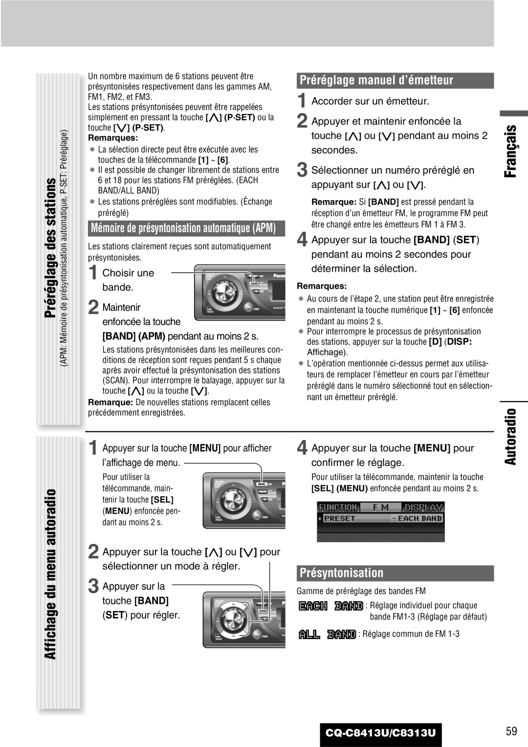 Panasonic CQ-C8313U Préréglage des stations, Autoradio, Affichage du menu, Préréglage manuel d’émetteur, Présyntonisation 