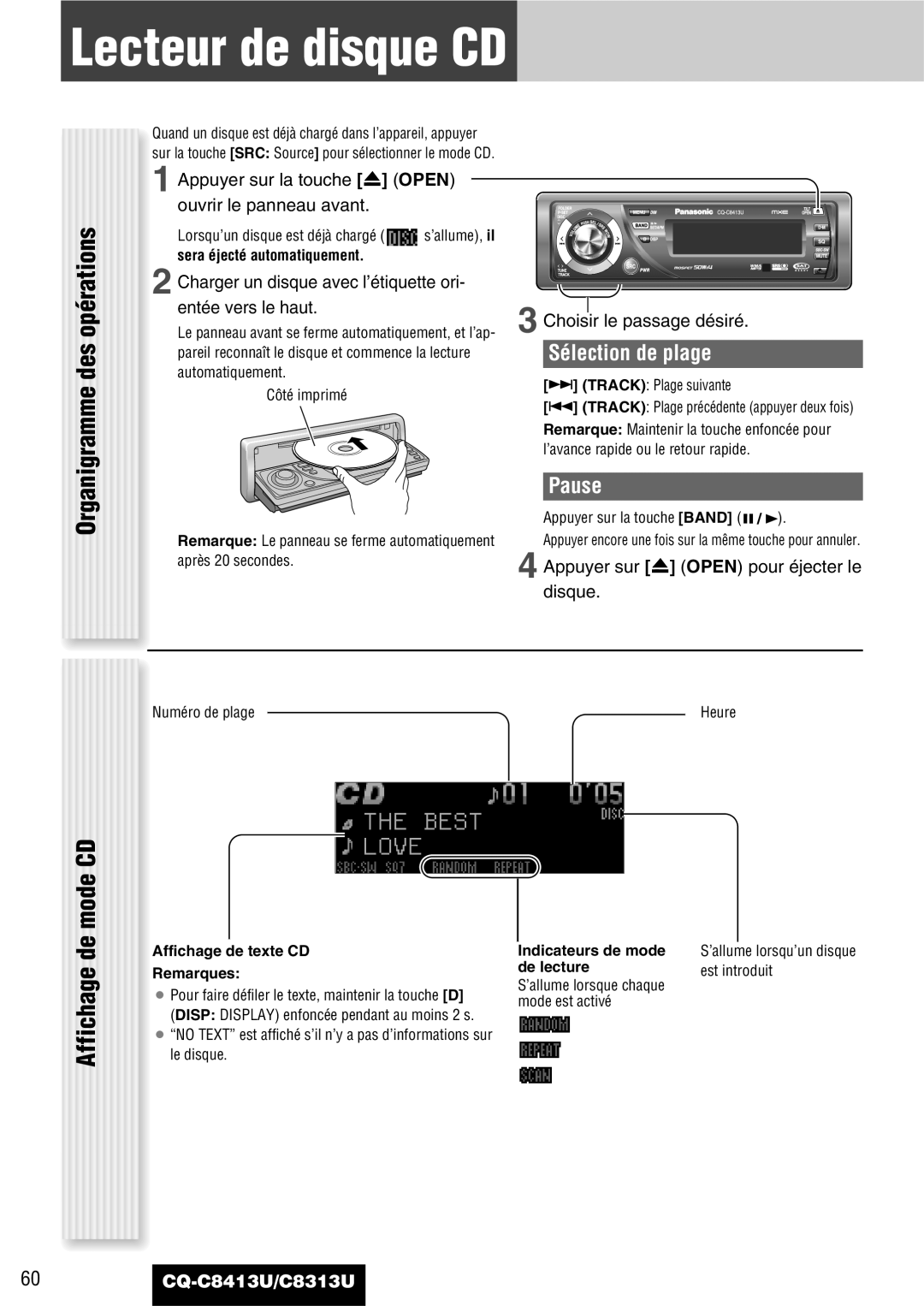 Panasonic CQ-C8413U, CQ-C8313U Lecteur de disque CD, Organigramme des opérations Affichage de mode CD, Sélection de plage 