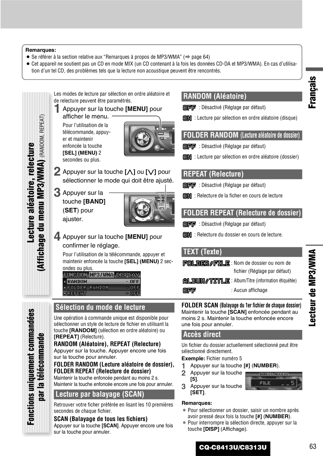 Panasonic CQ-C8313U, CQ-C8413U operating instructions Lecteur de MP3/WMA, Sélection du mode de lecture 