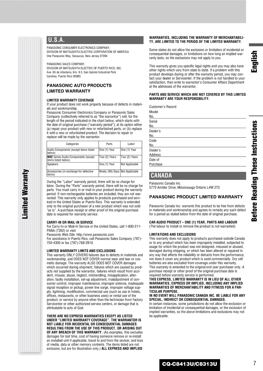 Panasonic CQ-C8313U, CQ-C8413U operating instructions Limited Warranty, Before Reading These Instructions 