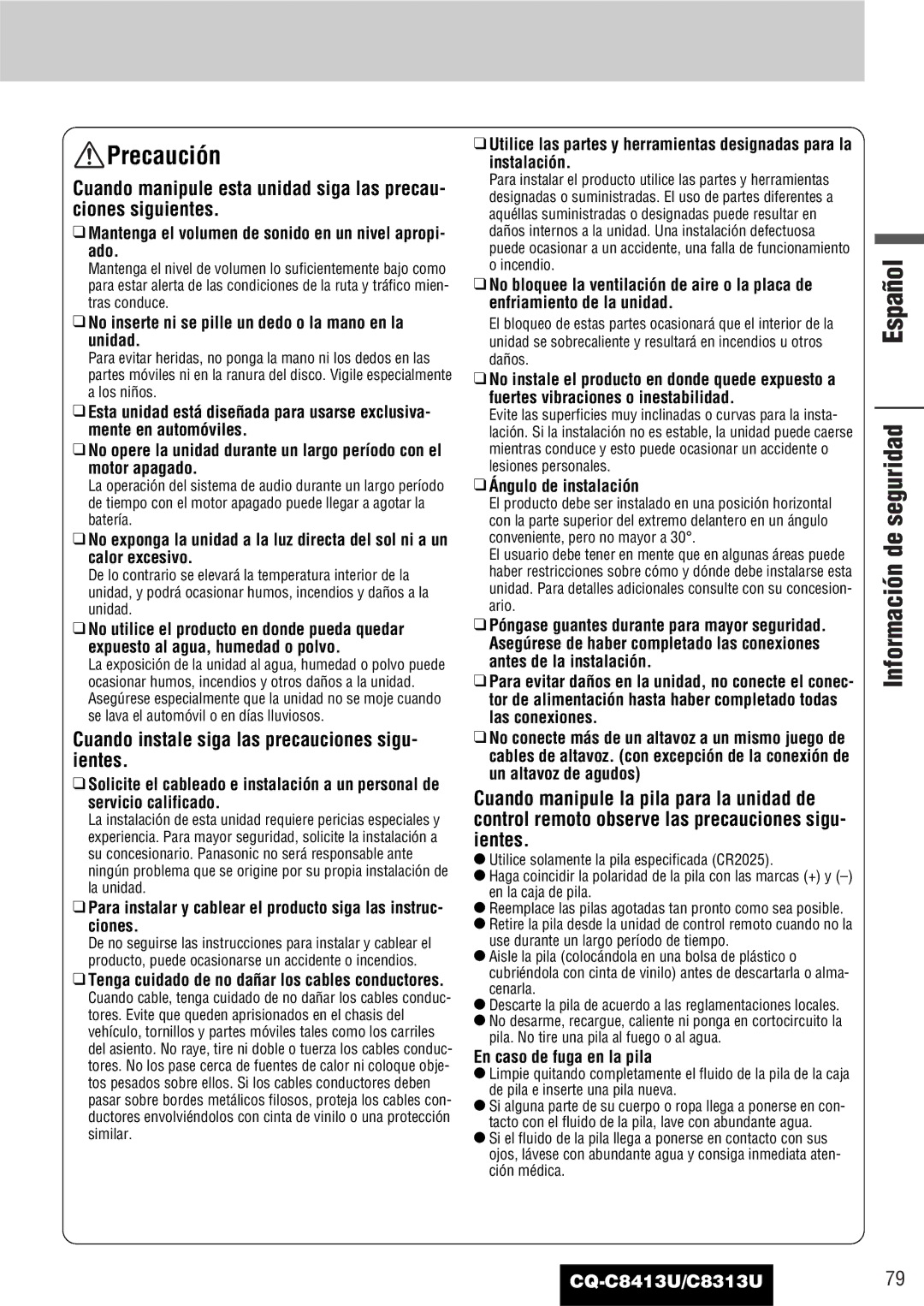 Panasonic CQ-C8313U, CQ-C8413U operating instructions Precaución, Información de seguridad 