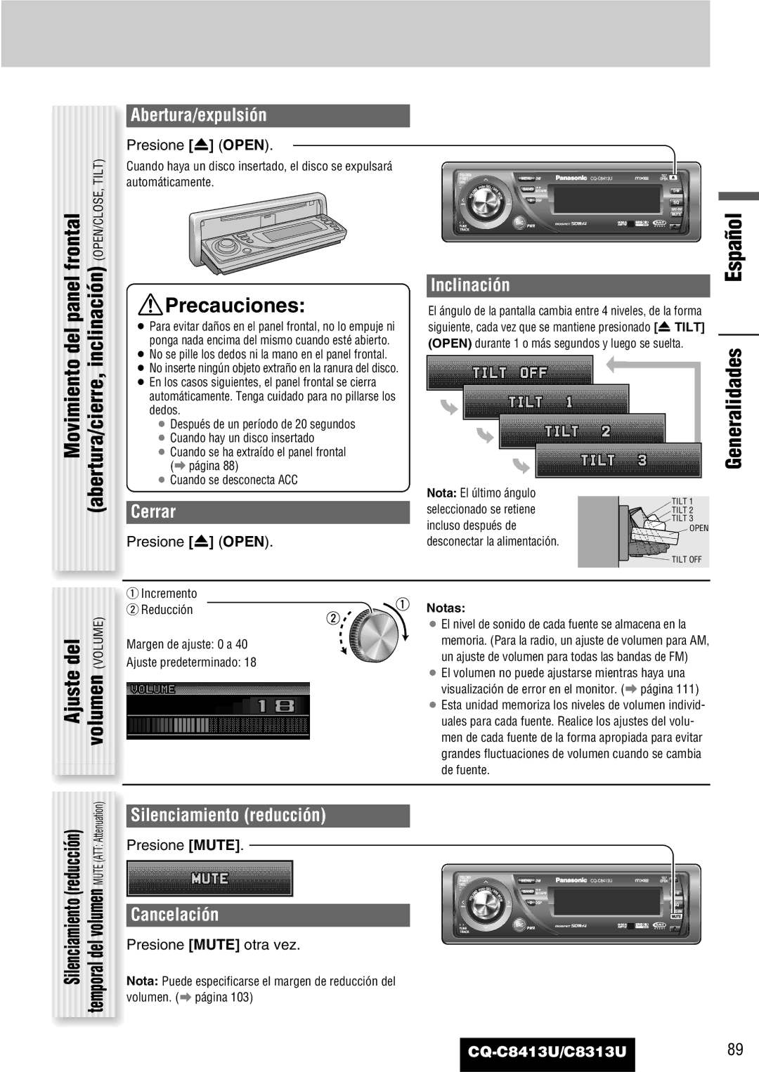 Panasonic CQ-C8313U, CQ-C8413U operating instructions Ajuste del volumen Volume 