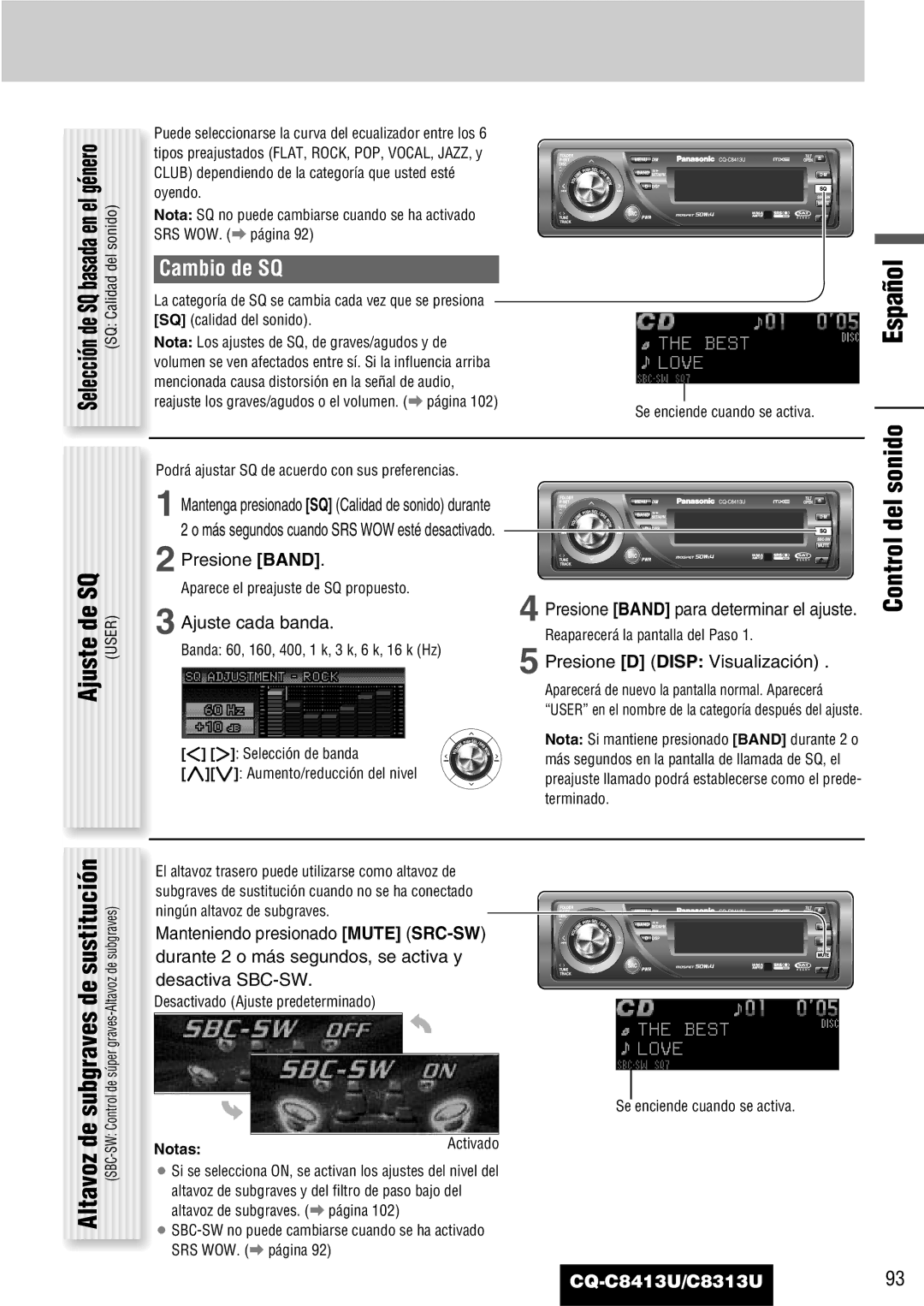 Panasonic CQ-C8313U, CQ-C8413U operating instructions Sonido, Sustitución, Control del, Cambio de SQ 