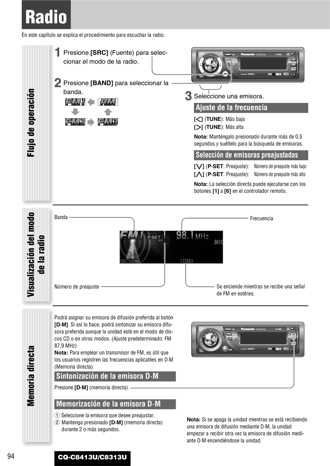 Panasonic CQ-C8413U, CQ-C8313U Flujo de operación, Directa, Visualización del modo de la radio, Memoria 