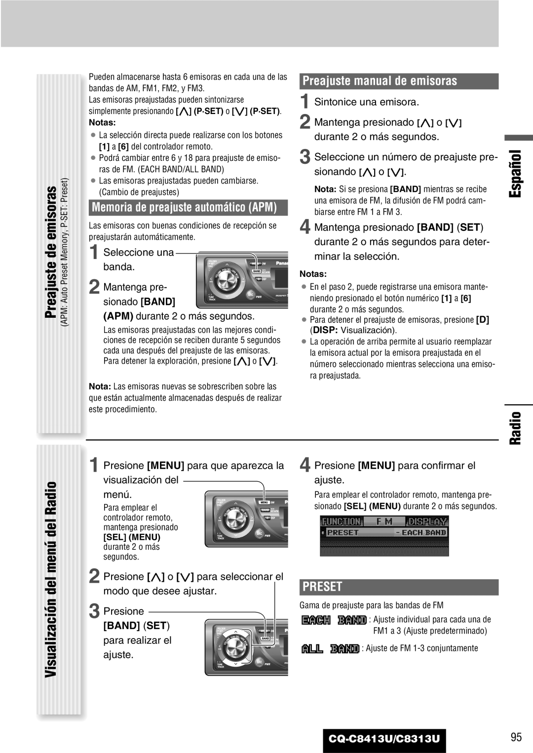 Panasonic CQ-C8313U, CQ-C8413U De emisoras, Visualización del menú del Radio, Preajuste manual de emisoras 