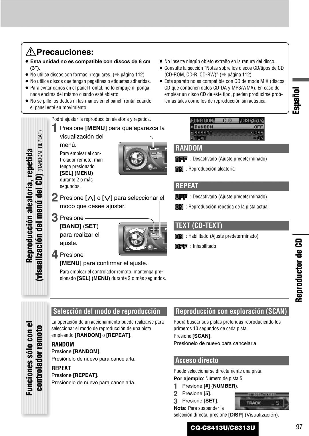 Panasonic CQ-C8313U, CQ-C8413U operating instructions Reproductor de CD, Acceso directo, Band SET 