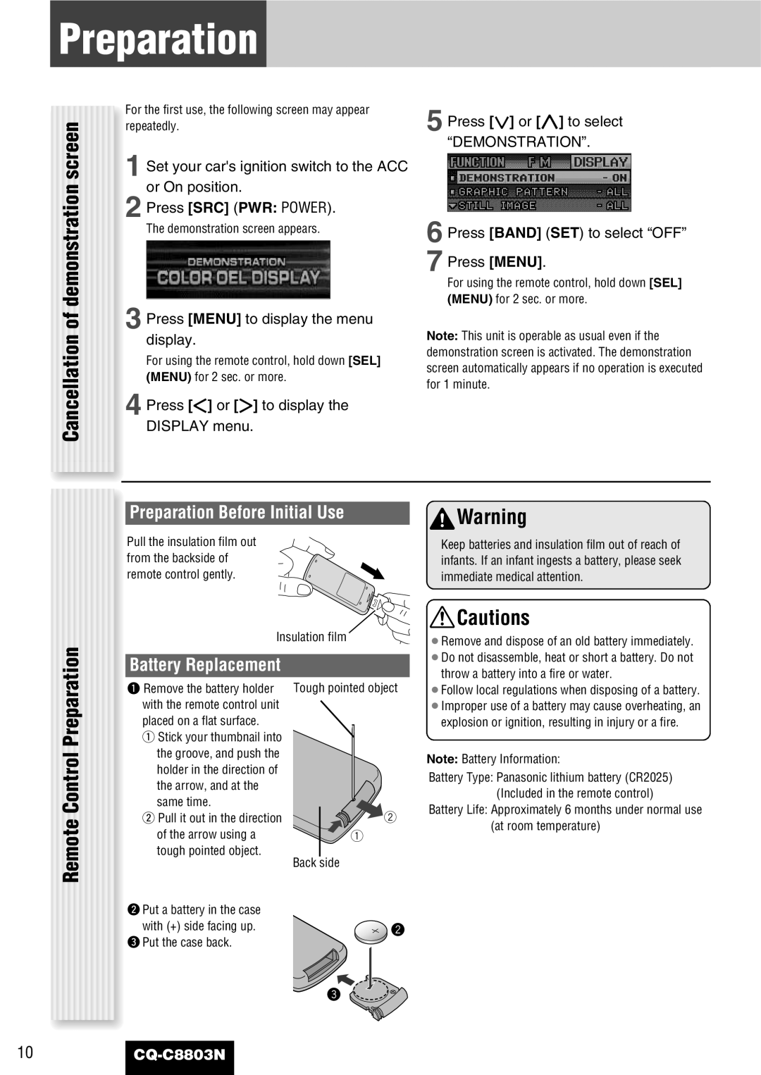 Panasonic CQ-C8803N Remote Control Preparation, Cancellation of demonstration screen, Preparation Before Initial Use 