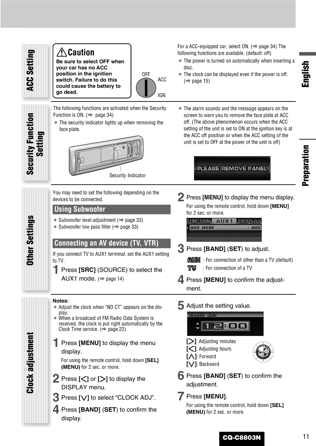 Panasonic CQ-C8803N operating instructions Setting, Using Subwoofer, Connecting an AV device TV, VTR 