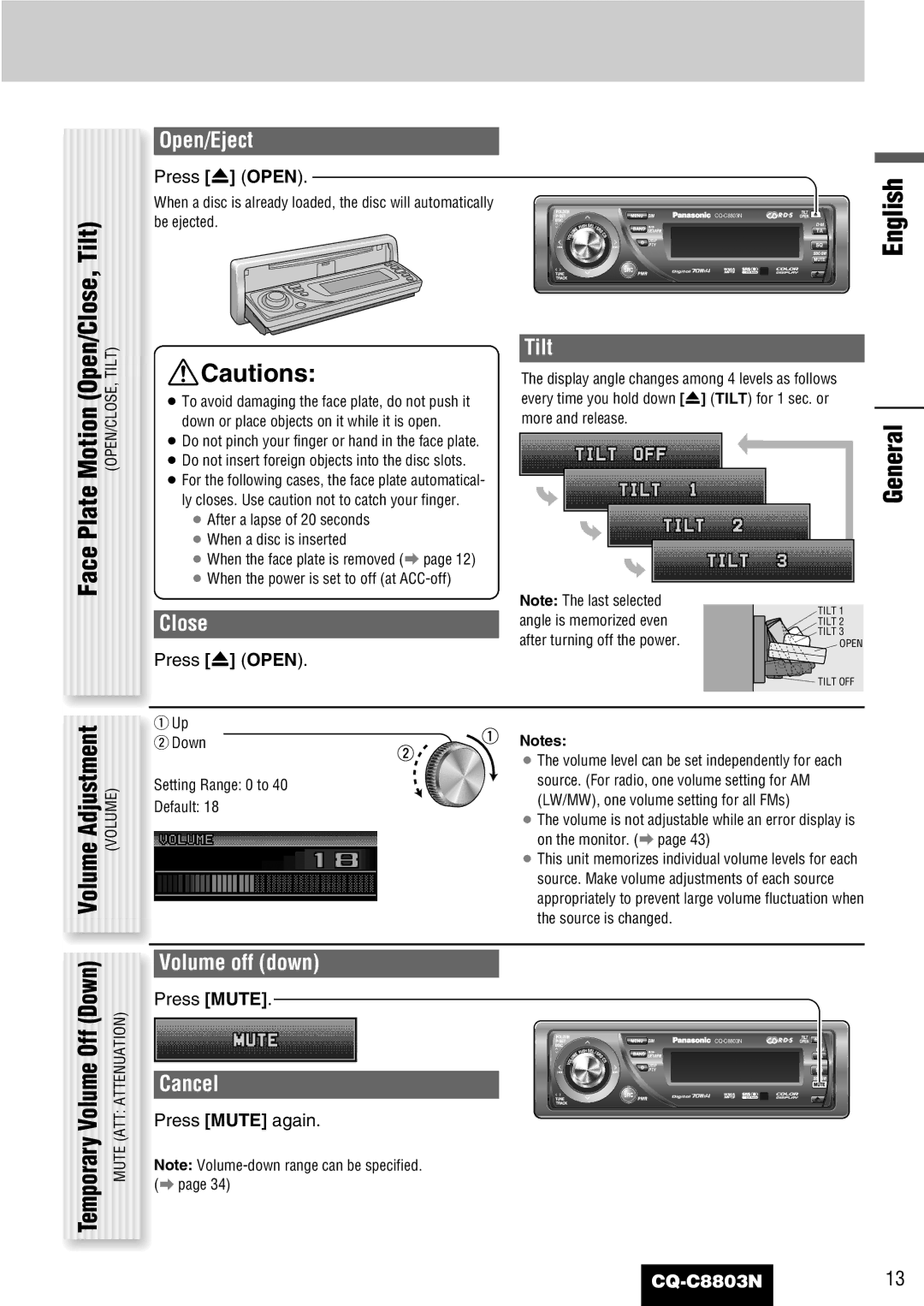 Panasonic CQ-C8803N operating instructions Open/Close, Tilt, Motion, General 