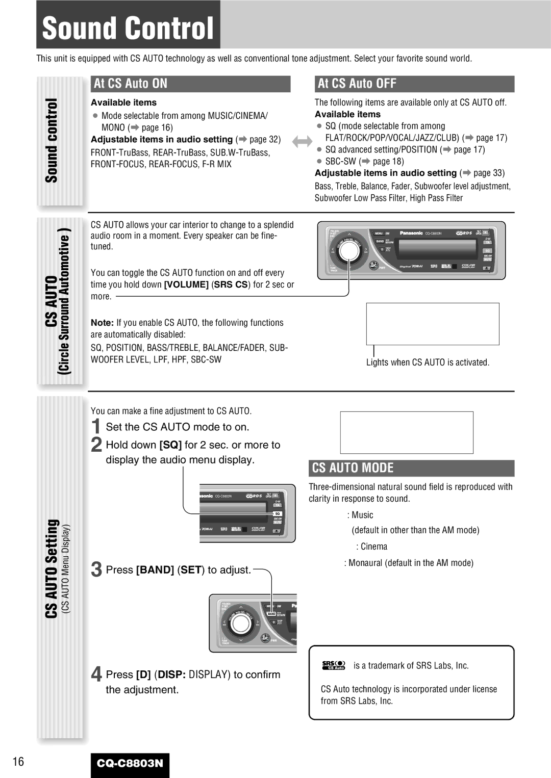 Panasonic CQ-C8803N operating instructions Sound Control, Sound control, Auto Setting, CS Auto Mode 