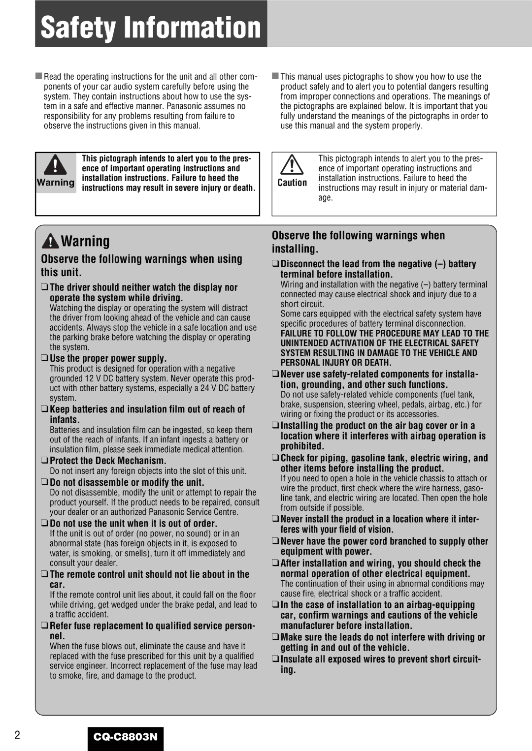 Panasonic CQ-C8803N operating instructions Safety Information 