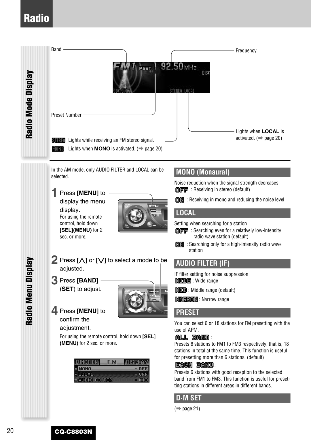 Panasonic CQ-C8803N operating instructions Radio Mode Display, Radio Menu Display 