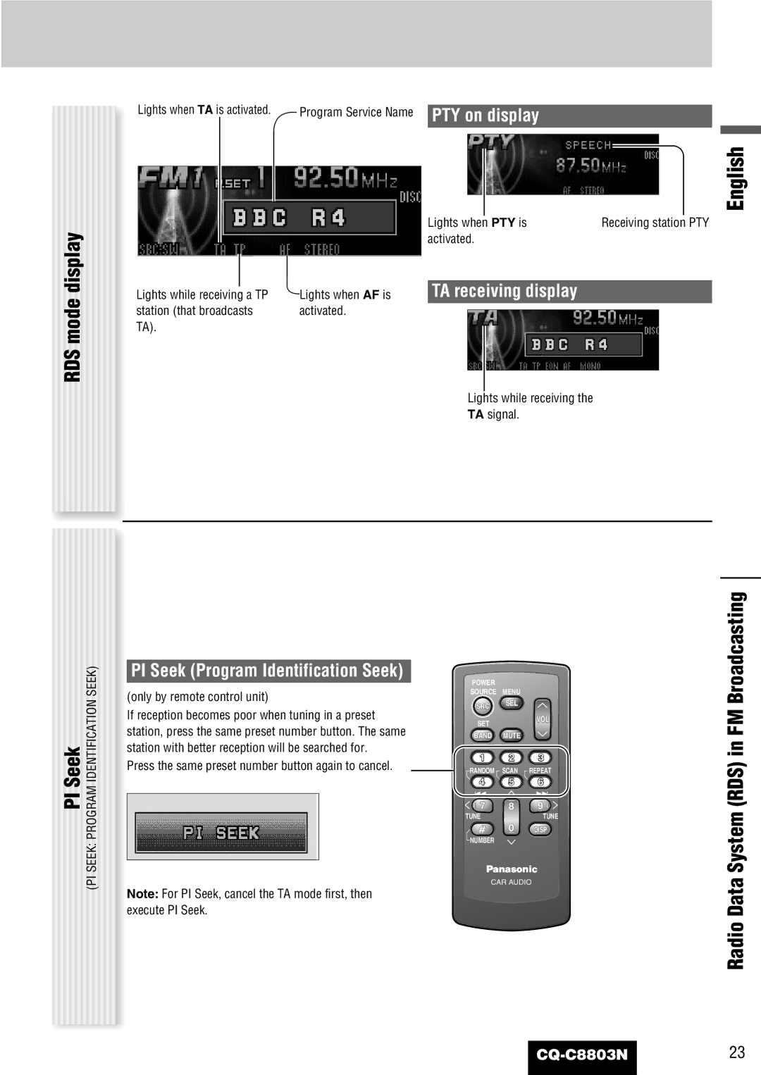 Panasonic CQ-C8803N RDS mode display, PI Seek, Radio Data System RDS in FM Broadcasting, TA receiving display 