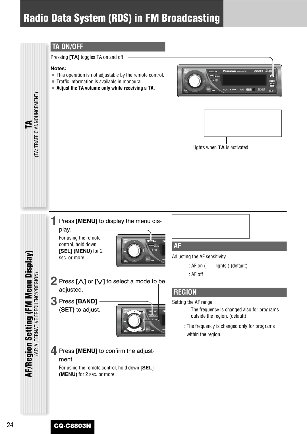 Panasonic CQ-C8803N operating instructions Radio Data System RDS in FM Broadcasting, Ta On/Off, Region 