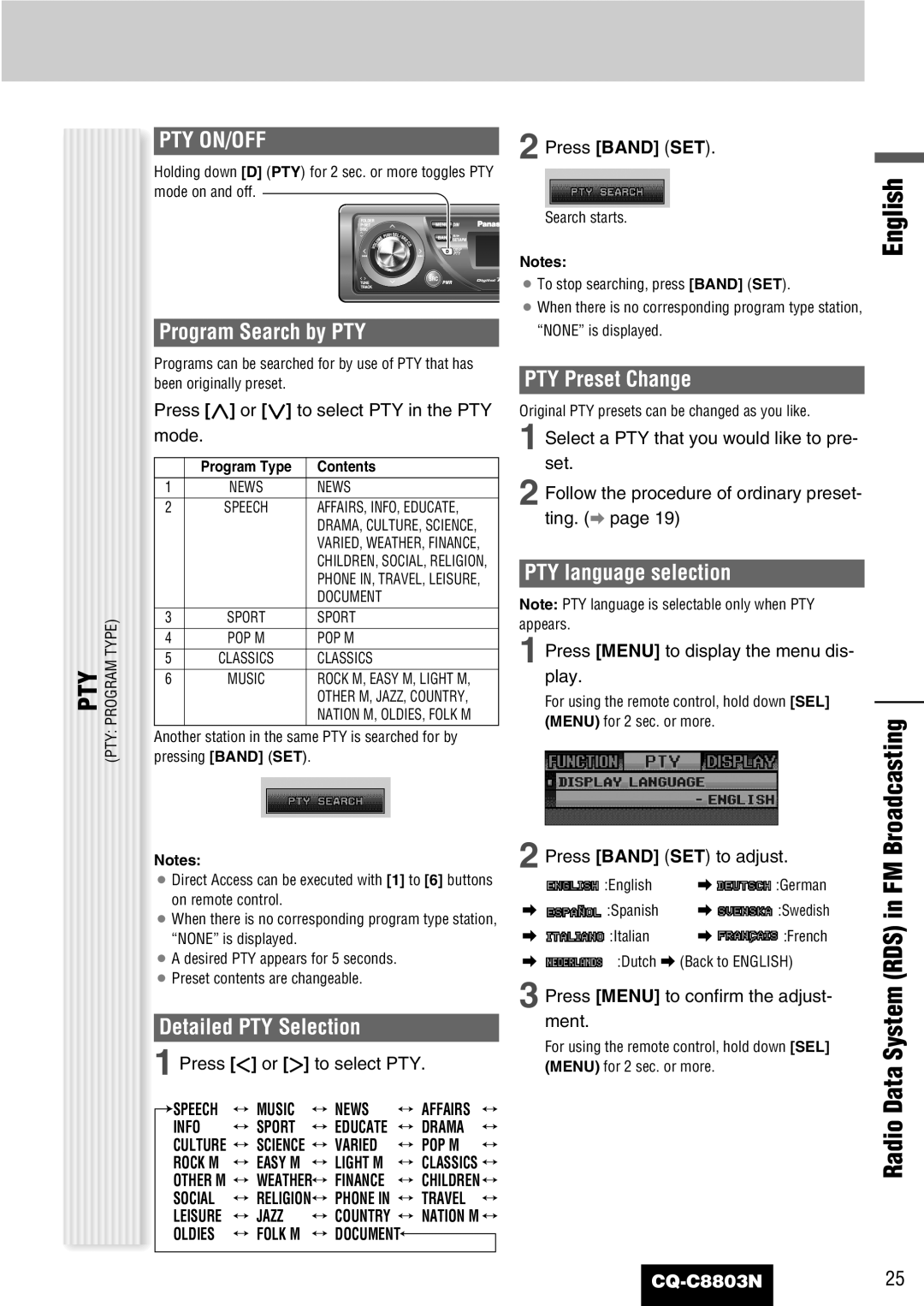 Panasonic CQ-C8803N operating instructions Broadcasting, Radio Data, Pty On/Off 