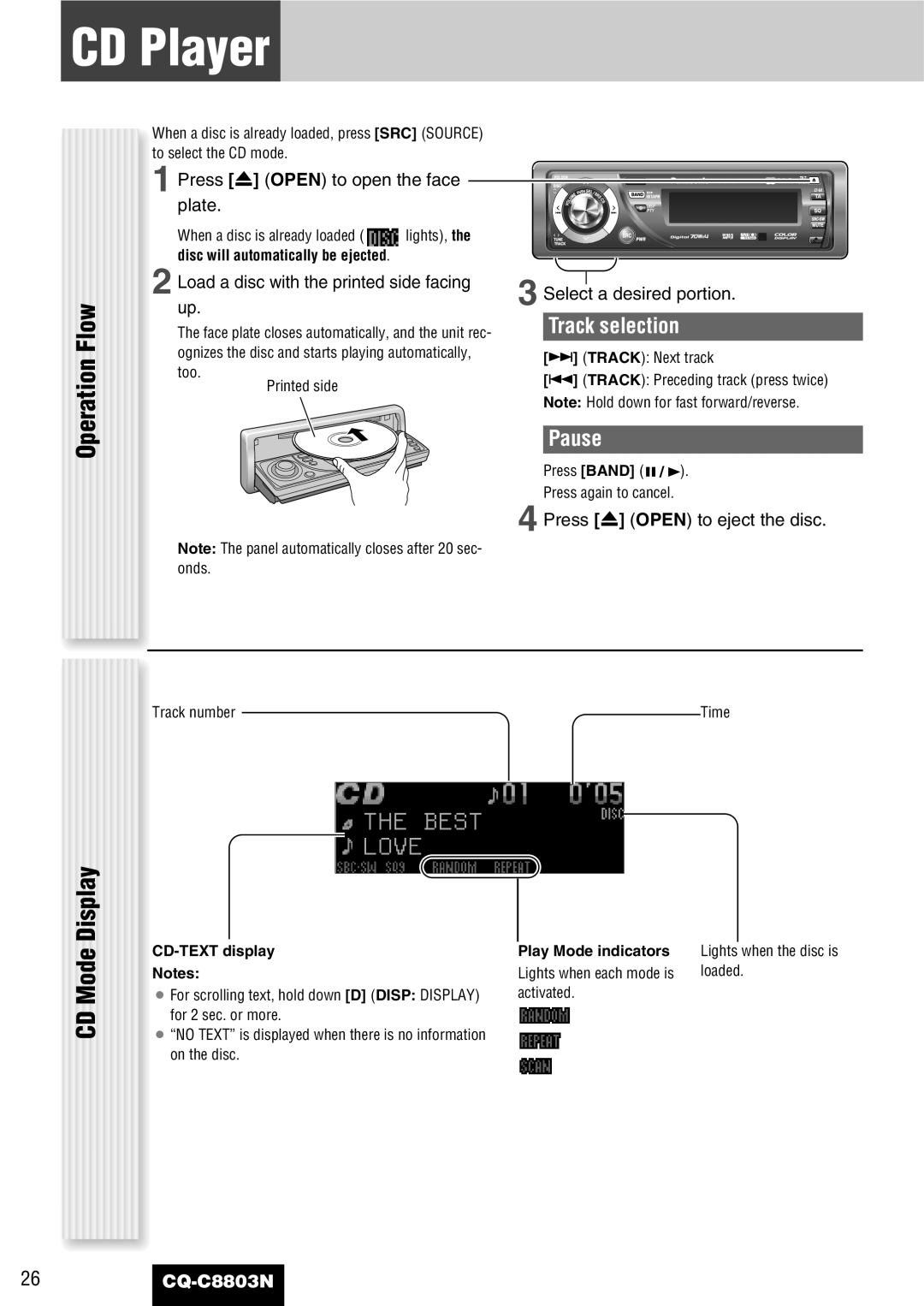 Panasonic CQ-C8803N operating instructions CD Player, Operation Flow CD Mode Display, Track selection, Pause 