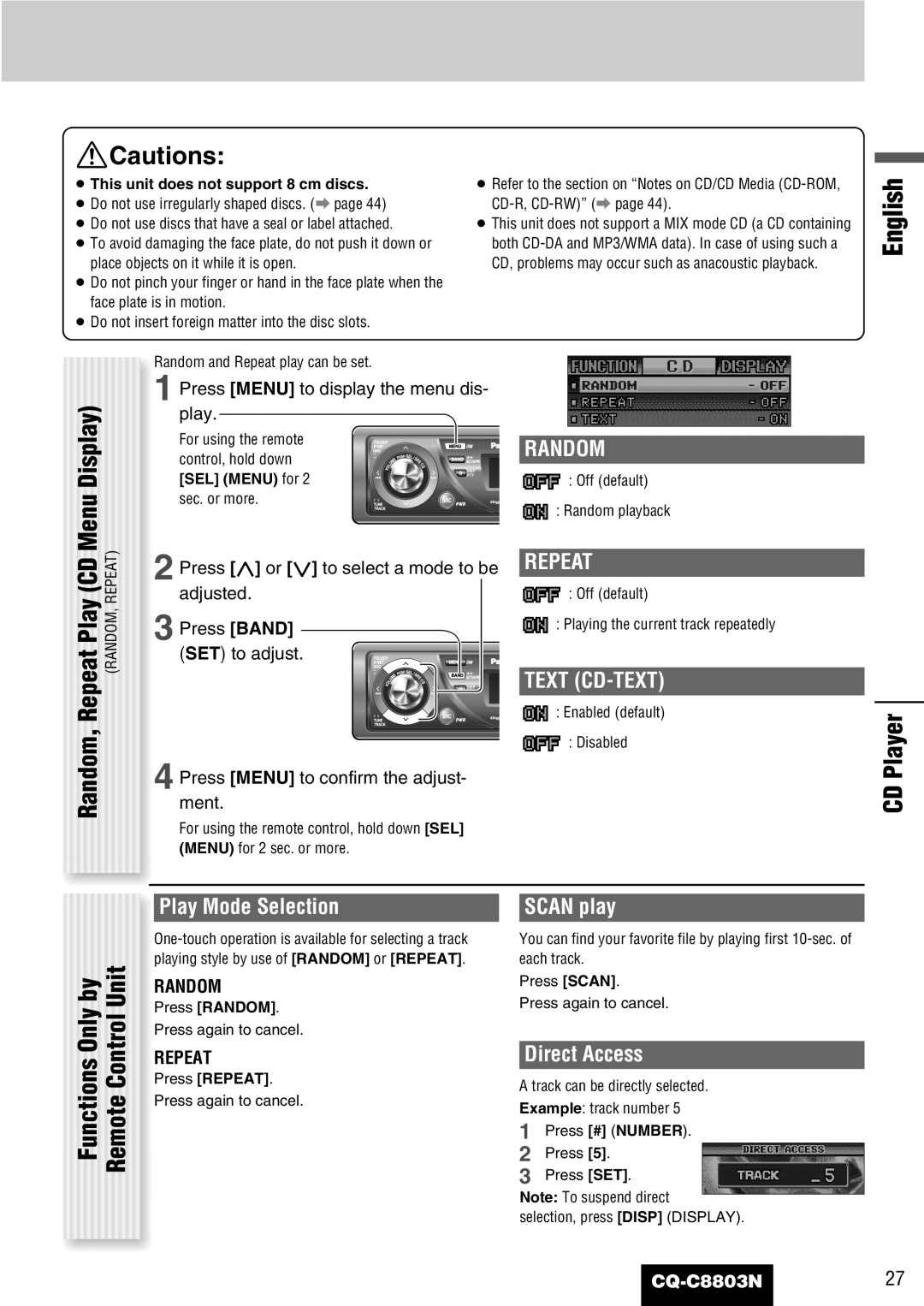 Panasonic CQ-C8803N operating instructions CD Player, Random, Repeat, Text CD-TEXT 