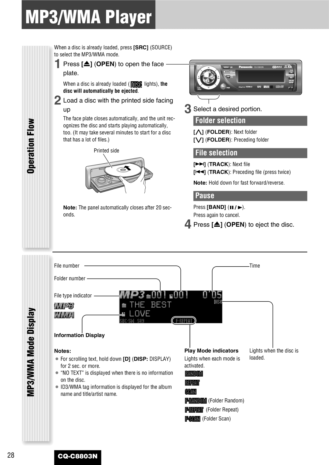 Panasonic CQ-C8803N operating instructions MP3/WMA Player, Operation Flow, MP3/WMA Mode Display, Information Display 