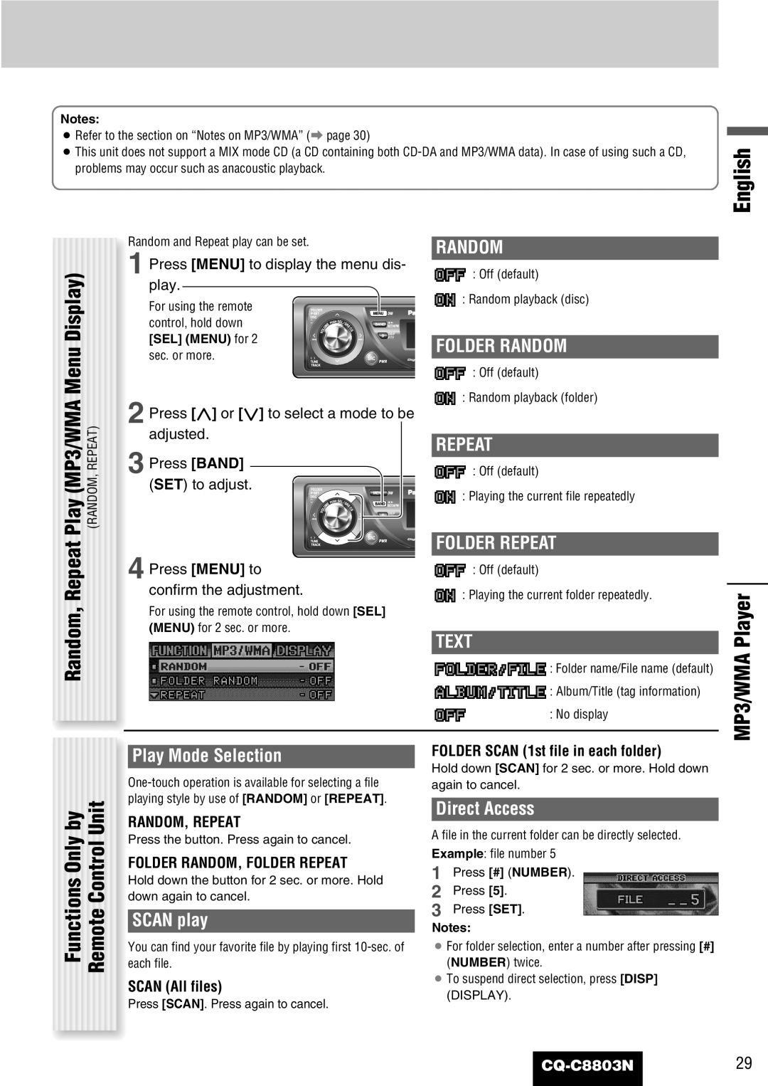 Panasonic CQ-C8803N operating instructions MP3/WMA Player, Folder Random, Folder Repeat, Text, Play Mode Selection 