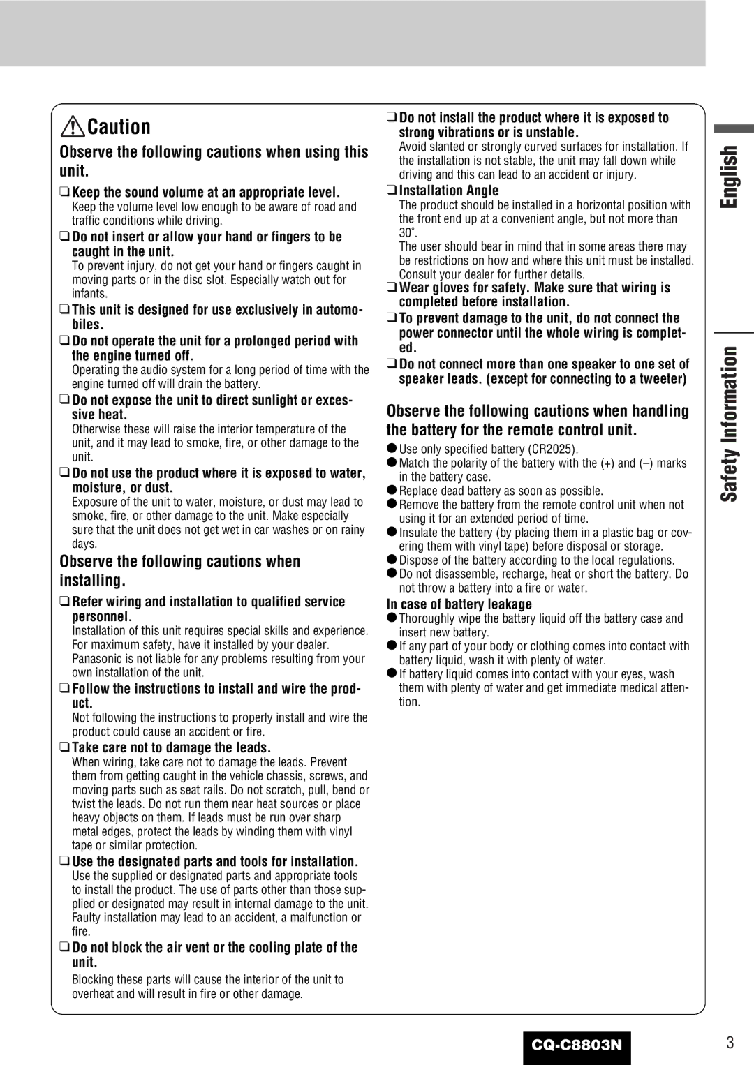 Panasonic CQ-C8803N operating instructions Safety Information 