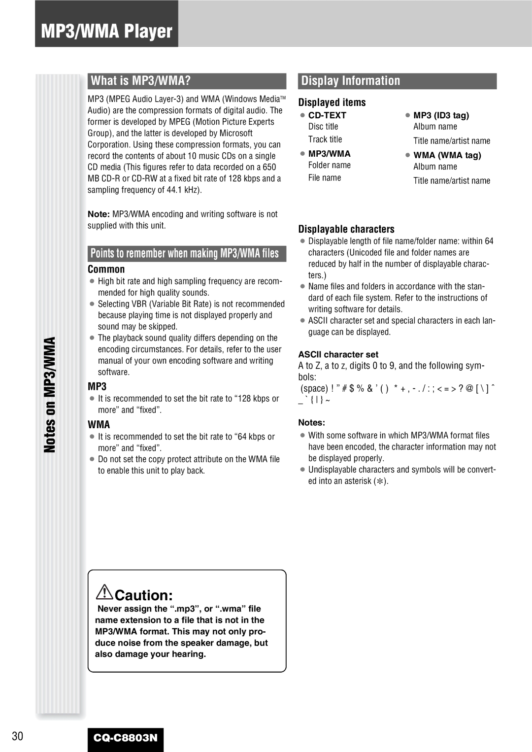 Panasonic CQ-C8803N operating instructions MP3/WMA Player, What is MP3/WMA?, Display Information 