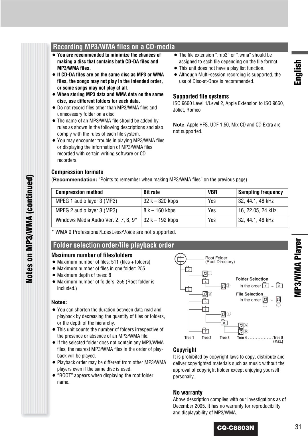 Panasonic CQ-C8803N Player, Recording MP3/WMA files on a CD-media, Folder selection order/file playback order 