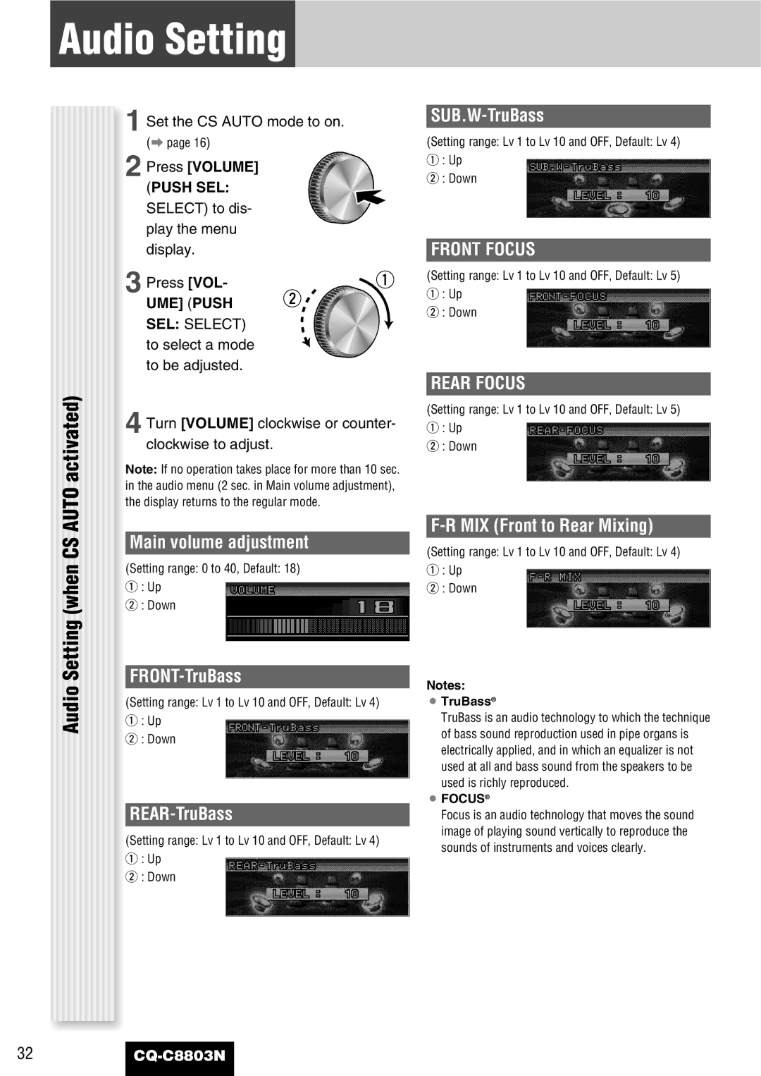 Panasonic CQ-C8803N operating instructions Audio Setting, Front Focus, Rear Focus 