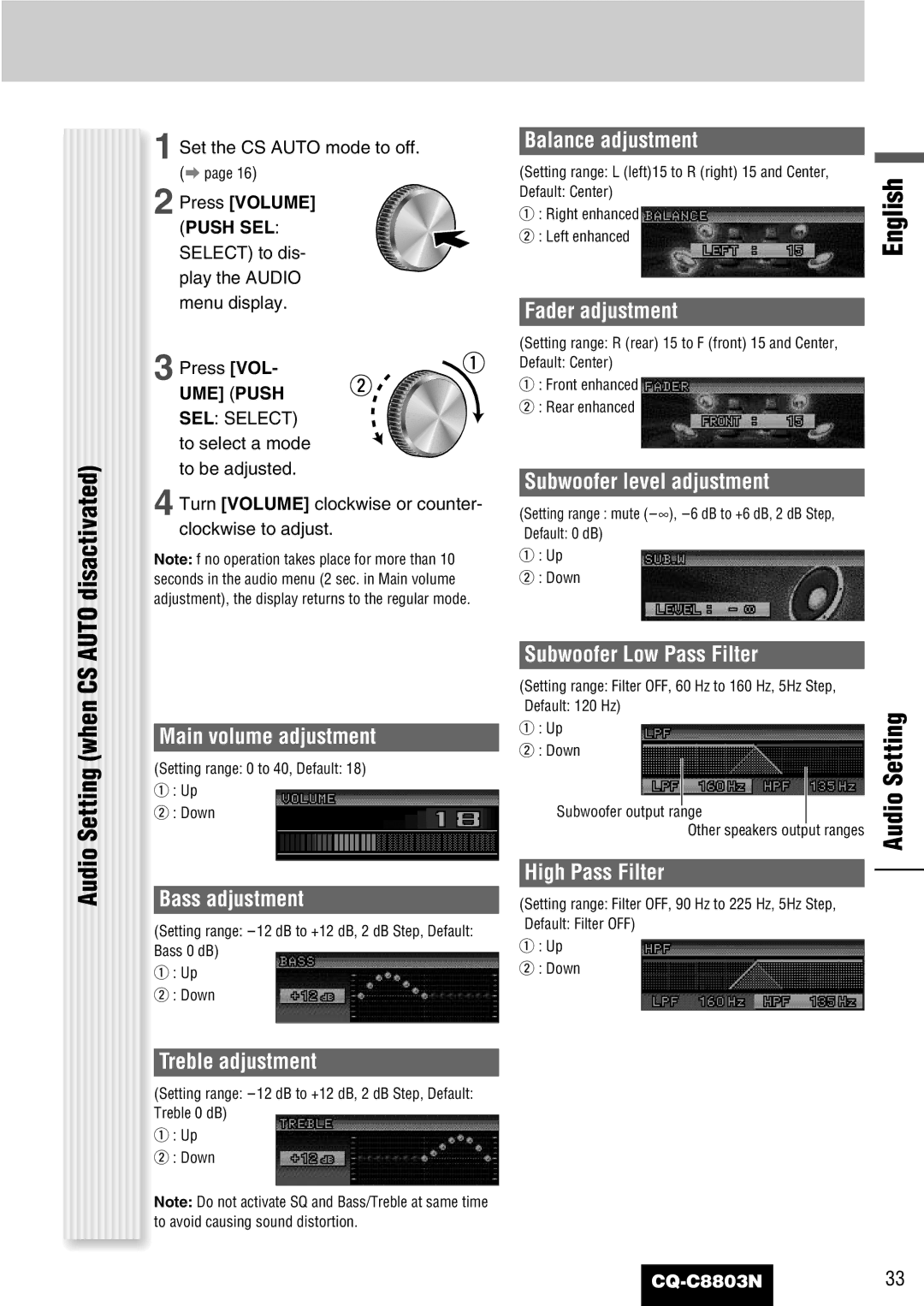 Panasonic CQ-C8803N operating instructions Auto disactivated, Audio Setting when CS 