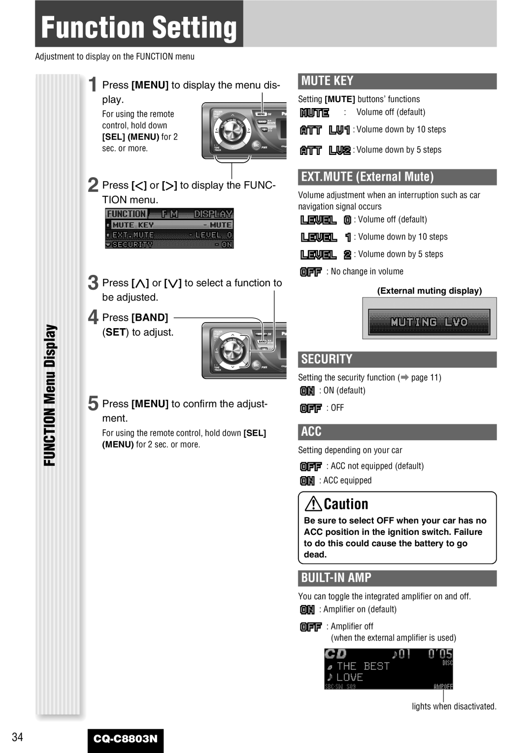 Panasonic CQ-C8803N operating instructions Function Setting, Mute KEY, Security, Acc, Built-In Amp 