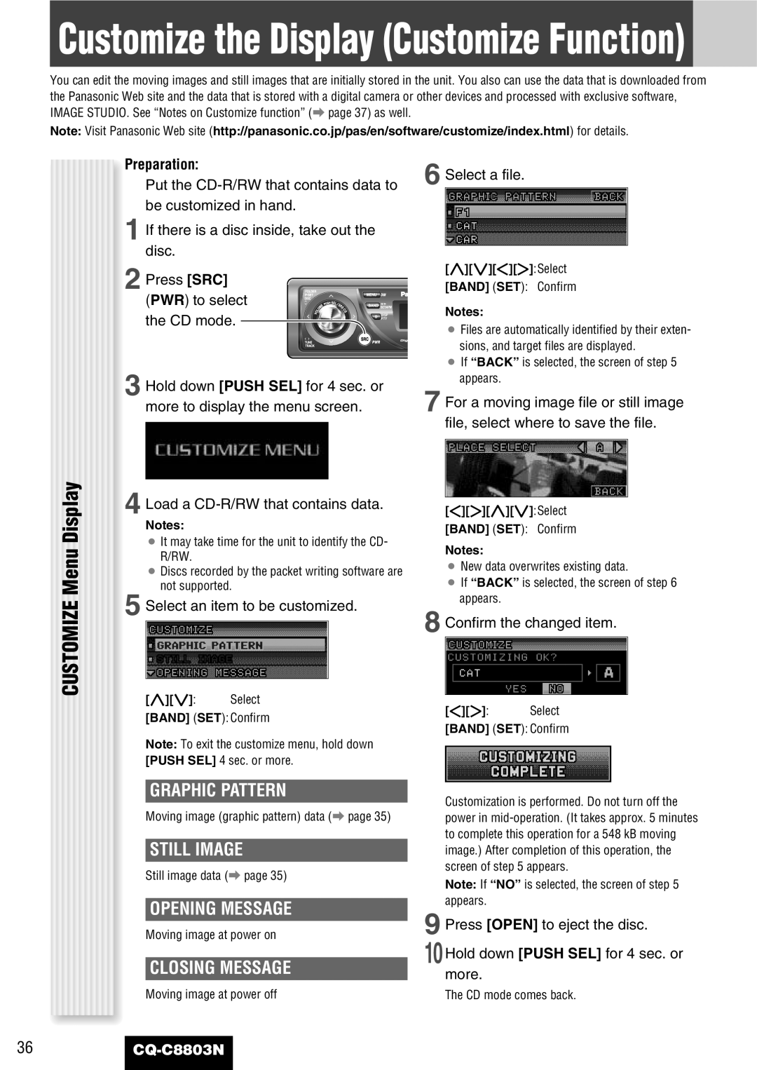 Panasonic CQ-C8803N operating instructions Customize Menu Display, Opening Message, Closing Message, Preparation 