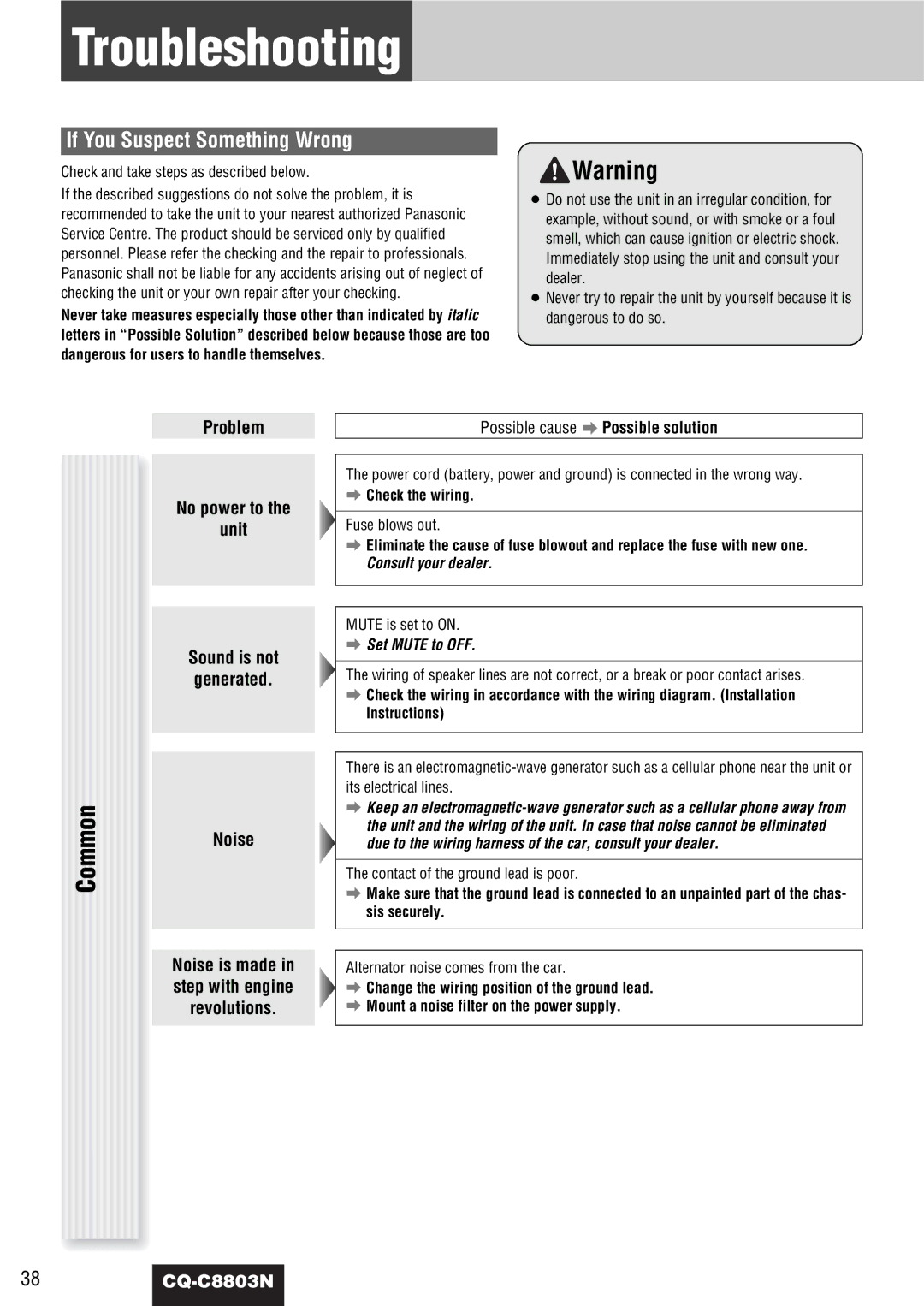 Panasonic CQ-C8803N operating instructions Troubleshooting, Common, If You Suspect Something Wrong, Check the wiring 